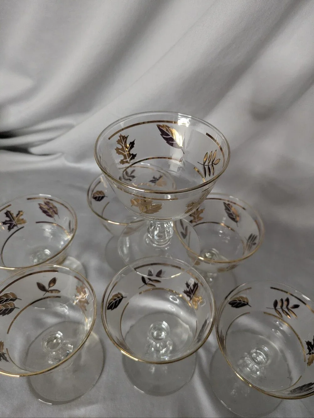 Vtg Libbey Golden Leaf Champagne Coupe Glasses Set Of 7 Mid Century